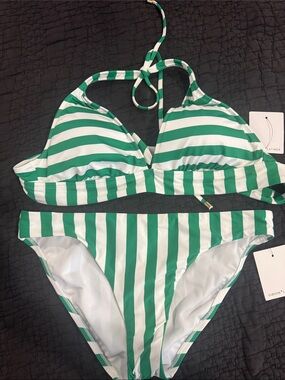 Gibson Latimer Green and White Striped Bikini Set